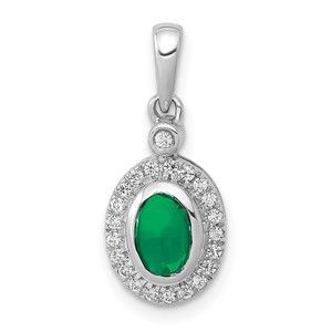 Million Charms 14k White Gold Halo Diamond and Cabochon Green Emerald Pendant
